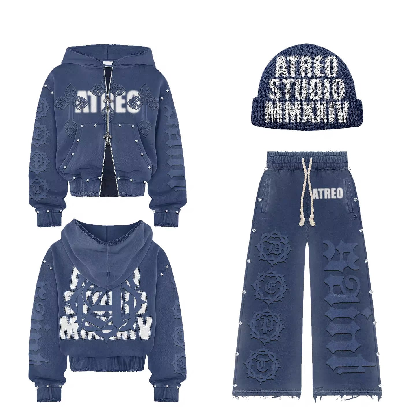 Rhinestone Hoodie Cropped Sweatsuit Set