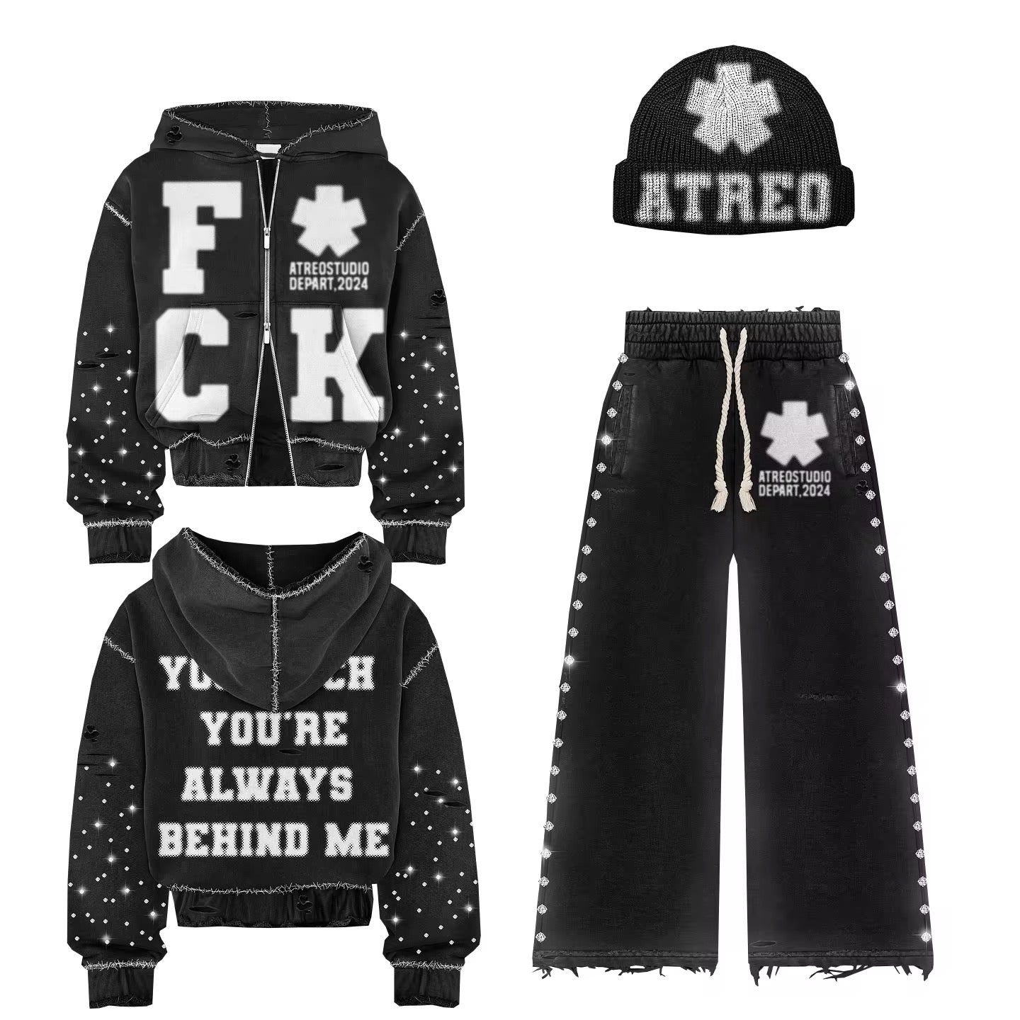 Rhinestone Hoodie Cropped Sweatsuit Set
