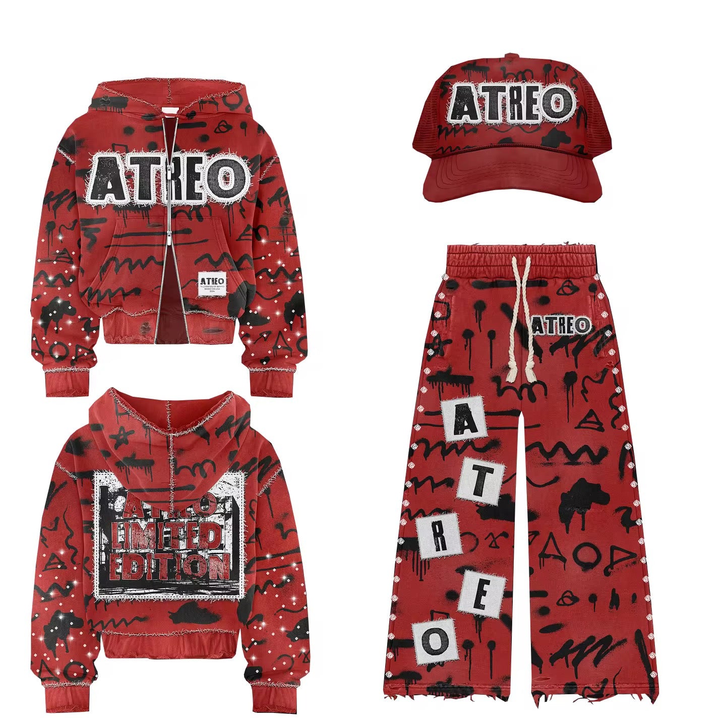 Rhinestone Hoodie Cropped Sweatsuit Set
