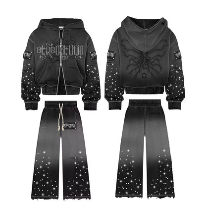 Rhinestone Hoodie Cropped Sweatsuit Set