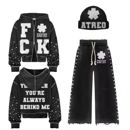 Rhinestone Hoodie Cropped Sweatsuit Set