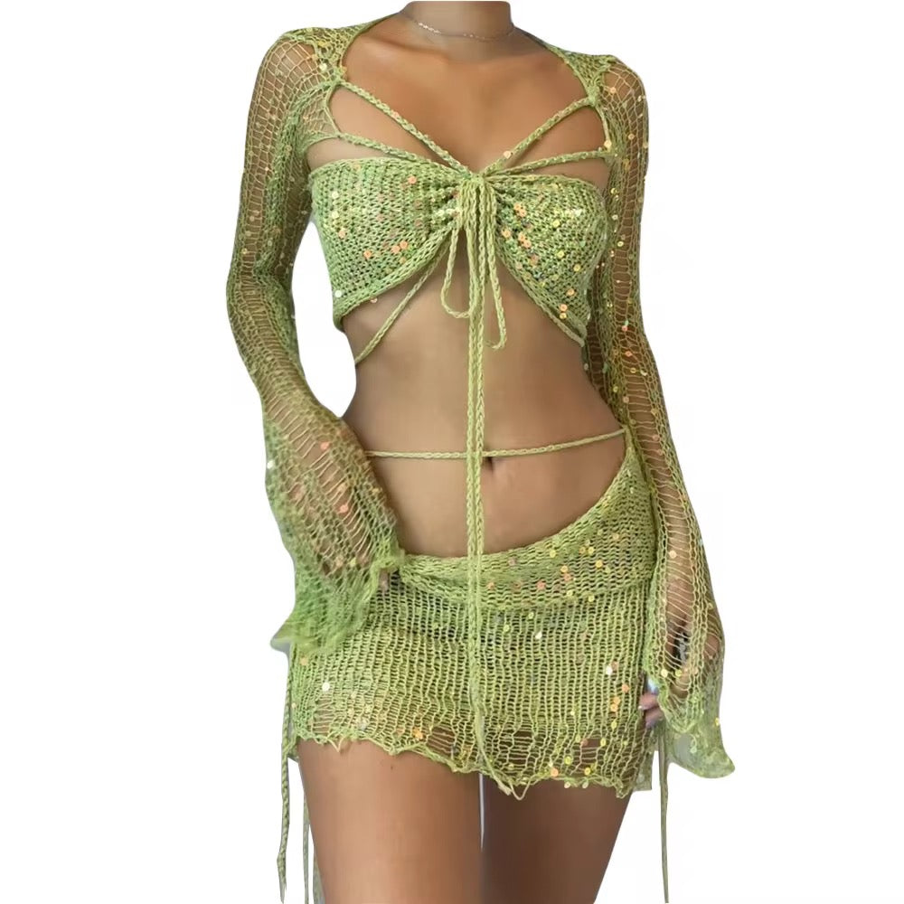 3-Piece Crochet Skirt Set with Sequin Details