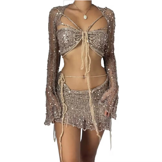 3-Piece Crochet Skirt Set with Sequin Details