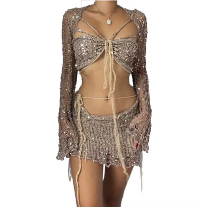 3-Piece Crochet Skirt Set with Sequin Details
