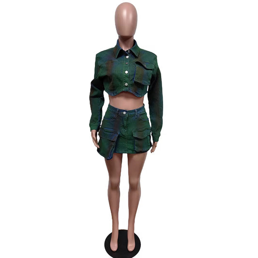 Green Denim 2-Piece Skirt Set