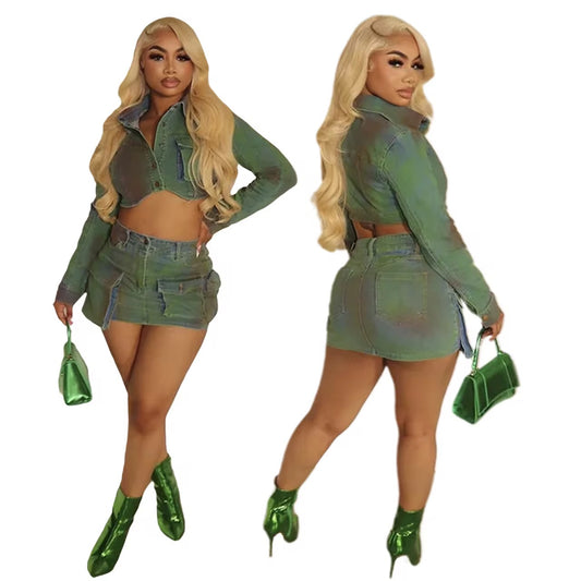 Green Denim 2-Piece Skirt Set